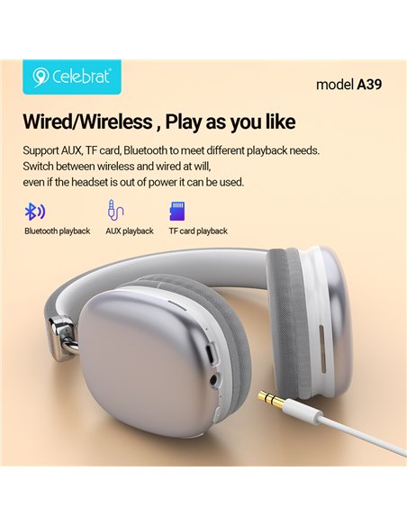 CELEBRAT headphones A39, ασύρματα & ενσύρματα, micro SD, 40mm, 400mAh, μαύρα