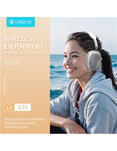 CELEBRAT headphones A35, ασύρματα & ενσύρματα, micro SD, 40mm, 200mAh, λευκά