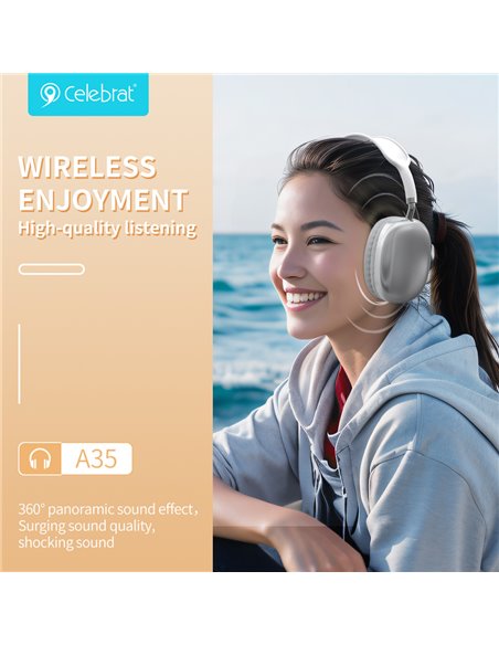 CELEBRAT headphones A35, ασύρματα & ενσύρματα, micro SD, 40mm, 200mAh, λευκά
