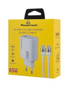 POWERTECH φορτιστής τοίχου PT-1415 με καλώδιο, USB/2x USB-C, 65W, GaN, λευκός