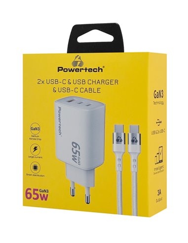 POWERTECH φορτιστής τοίχου PT-1415 με καλώδιο, USB/2x USB-C, 65W, GaN, λευκός