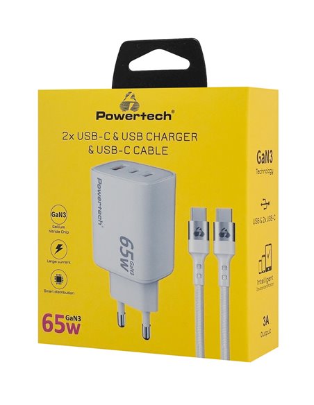 POWERTECH φορτιστής τοίχου PT-1415 με καλώδιο, USB/2x USB-C, 65W, GaN, λευκός