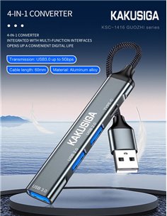KAKUSIGA USB hub KSC-1416, 4x θυρών, USB 3.0, 5Gbps, USB σύνδεση, γκρι