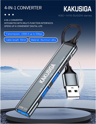 KAKUSIGA USB hub KSC-1416, 4x θυρών, USB 3.0, 5Gbps, USB σύνδεση, γκρι