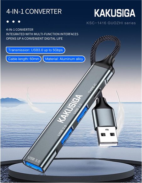 KAKUSIGA USB hub KSC-1416, 4x θυρών, USB 3.0, 5Gbps, USB σύνδεση, γκρι