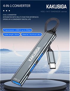 KAKUSIGA USB hub KSC-1417, 4x θυρών, USB 3.0, 5Gbps, USB-C σύνδεση, γκρι