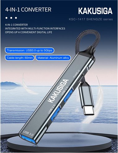 KAKUSIGA USB hub KSC-1417, 4x θυρών, USB 3.0, 5Gbps, USB-C σύνδεση, γκρι