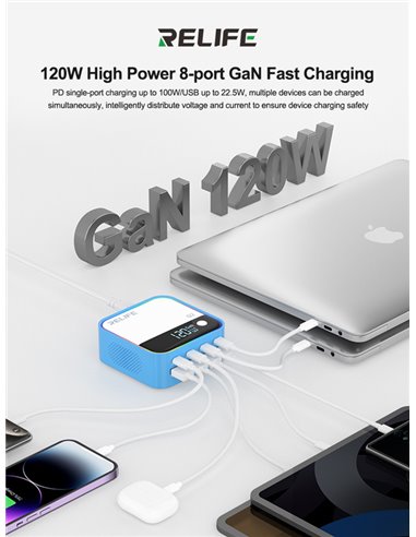 RELIFE σταθμός φόρτισης Q2, 4x USB-C & 4x USB, 120W, GaN, μπλε