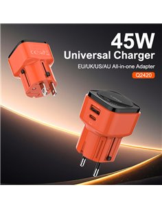 LDNIO φορτιστής τοίχου Q2420 με καλώδιο, USB/USB-C, 45W, universal πρίζα, πορτοκαλί