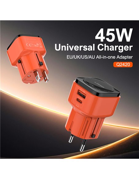 LDNIO φορτιστής τοίχου Q2420 με καλώδιο, USB/USB-C, 45W, universal πρίζα, πορτοκαλί