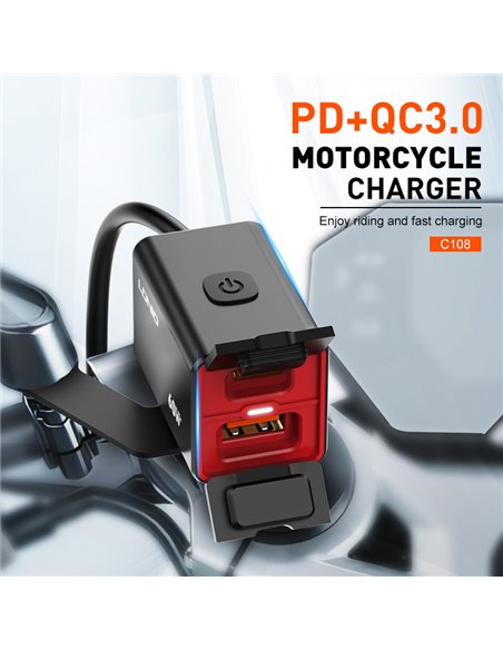 LDNIO φορτιστής μοτοσυκλέτας C108 με καλώδιο, USB/USB-C, 60W, μαύρος