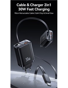 USAMS φορτιστής τοίχου CC296 με καλώδιο, USB & USB-C, 30W, μαύρος