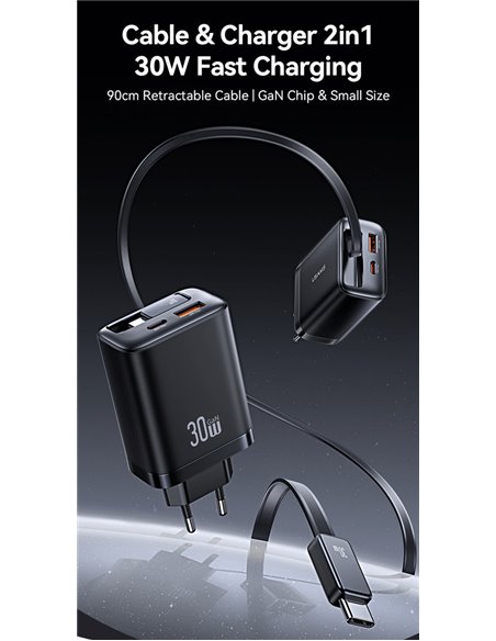 USAMS φορτιστής τοίχου CC296 με καλώδιο, USB & USB-C, 30W, μαύρος