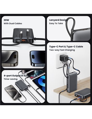 USAMS power bank CD228 με 2x καλώδια, 2x θύρες εξόδου, 10000mAh, 20W, γκρι