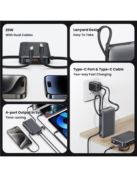 USAMS power bank CD228 με 2x καλώδια, 2x θύρες εξόδου, 10000mAh, 20W, γκρι