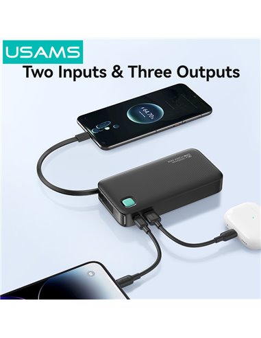 USAMS power bank CD224 με καλώδιο USB-C, 2x θύρες εξόδου, 10000mAh, 20W, λευκό