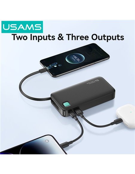 USAMS power bank CD224 με καλώδιο USB-C, 2x θύρες εξόδου, 10000mAh, 20W, λευκό