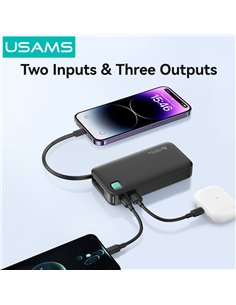 USAMS power bank CD225 με καλώδιο Lightning, 2x θύρες εξόδου, 10000mAh, 20W, μαύρο