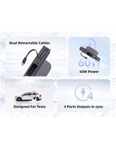 USAMS φορτιστής αυτοκινήτου US-SJ649 για Tesla(3/Y), με 2x καλώδια, USB/USB-C θύρες, 60W, γκρι