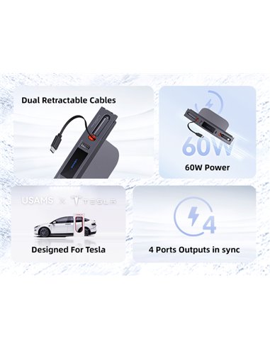USAMS φορτιστής αυτοκινήτου US-SJ649 για Tesla(3/Y), με 2x καλώδια, USB/USB-C θύρες, 60W, γκρι