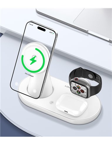 LDNIO ασύρματος φορτιστής WL01 με LED φωτισμό, 3 σε 1, 15W, λευκός
