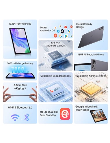 CHUWI tablet AuPad, 10.95", 8/128GB, 4G, Android 14, 7000mAh, γκρι