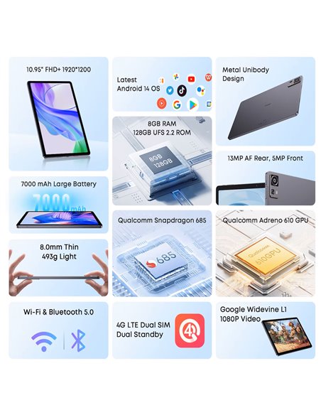 CHUWI tablet AuPad, 10.95", 8/128GB, 4G, Android 14, 7000mAh, γκρι