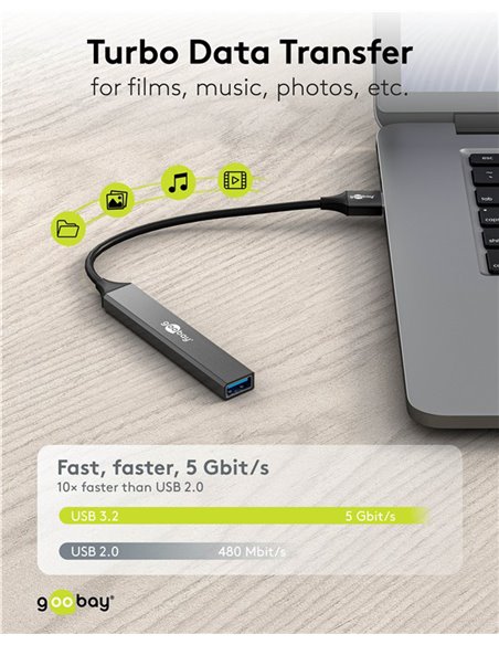 GOOBAY USB hub 74456, 4x θυρών, USB 3.2, 5Gbps, USB σύνδεση, γκρι