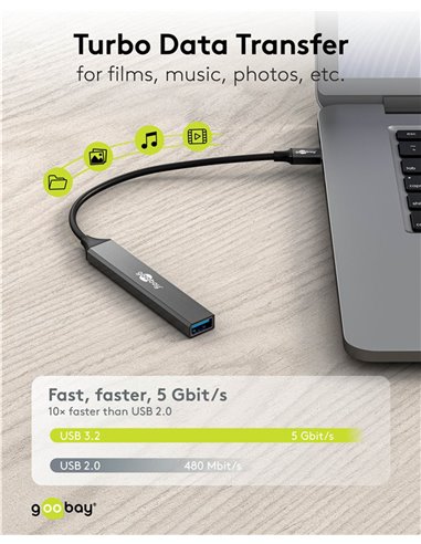 GOOBAY USB hub 74457, 4x θυρών, USB 3.2, 5Gbps, USB-C σύνδεση, γκρι