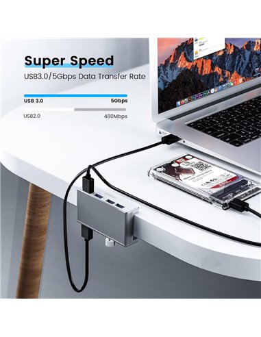 ORICO USB hub MH4PU-P με σφιγκτήρα, 4x θυρών, 5Gbps, USB σύνδεση, ασημί