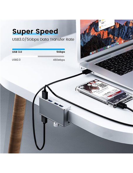 ORICO USB hub MH4PU-P με σφιγκτήρα, 4x θυρών, 5Gbps, USB σύνδεση, ασημί