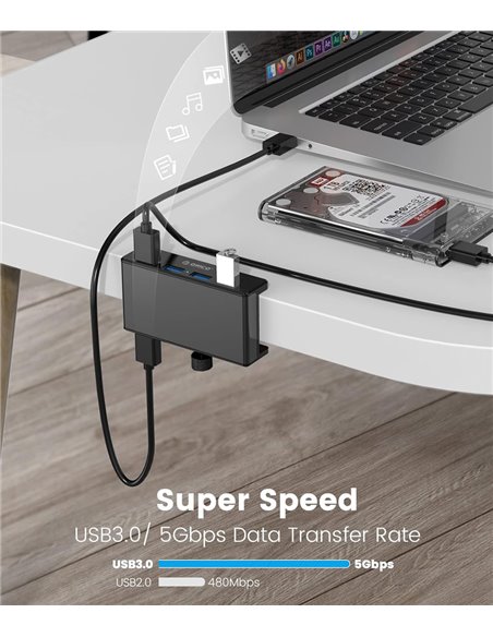 ORICO USB hub MH4PU-P με σφιγκτήρα, 4x θυρών, 5Gbps, USB σύνδεση, μαύρο