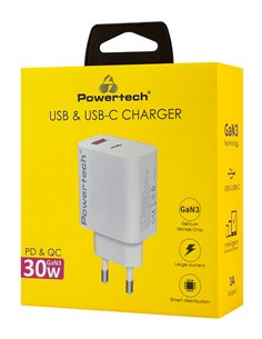 POWERTECH φορτιστής τοίχου PT-1433, USB/USB-C, 30W, GaN, λευκός