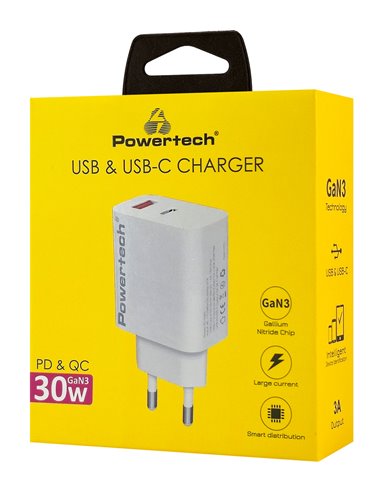 POWERTECH φορτιστής τοίχου PT-1433, USB/USB-C, 30W, GaN, λευκός