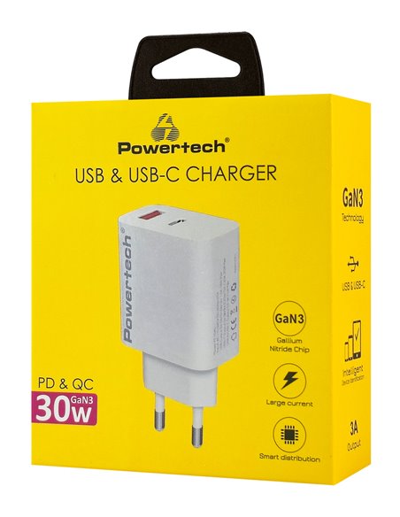 POWERTECH φορτιστής τοίχου PT-1433, USB/USB-C, 30W, GaN, λευκός