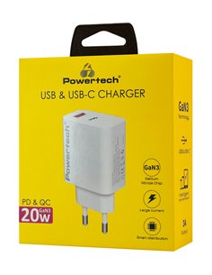 POWERTECH φορτιστής τοίχου PT-1437, USB/USB-C, 20W, GaN, λευκός