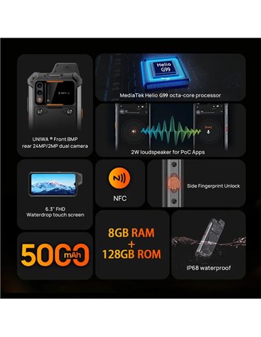 UNIWA smartphone W999, 6.3", 8/128GB , ηχείο 2W, Atex Zone 2, IP68, μαύρο
