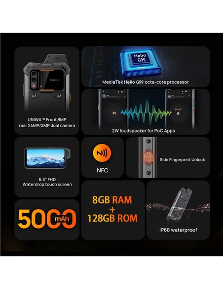 UNIWA smartphone W999, 6.3", 8/128GB , ηχείο 2W, Atex Zone 2, IP68, μαύρο