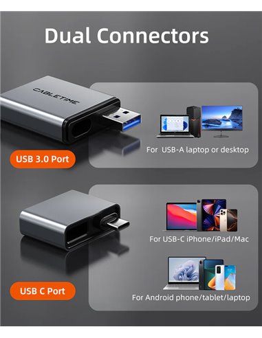 CABLETIME card reader CT-ACCD3-AG για SD & micro SD, USB 3.0, 5Gbps, γκρι