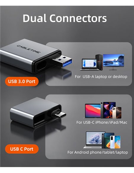 CABLETIME card reader CT-ACCD3-AG για SD & micro SD, USB 3.0, 5Gbps, γκρι