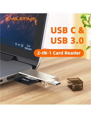 CABLETIME card reader CT-ACMCD2-ZG για SD & micro SD, USB/USB-C σύνδεση, 5Gbps, γκρι