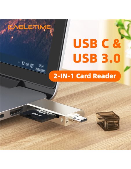 CABLETIME card reader CT-ACMCD2-ZG για SD & micro SD, USB/USB-C σύνδεση, 5Gbps, γκρι
