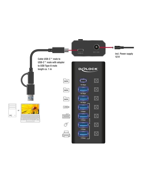 DELOCK USB hub 64326 με διακόπτες, 7x θυρών, 10Gbps, USB/USB-C σύνδεση, μαύρο