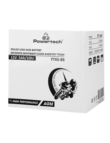 POWERTECH μπαταρία μολύβδου μοτοσυκλέτας PT-1441, 12V 5Ah, AGM, YTX5-BS