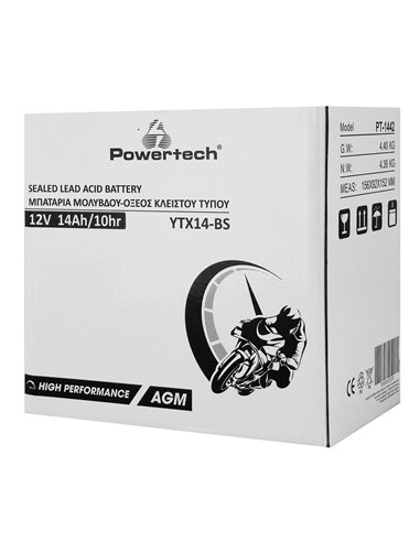 POWERTECH μπαταρία μολύβδου μοτοσυκλέτας PT-1442, 12V 14Ah, AGM, YTX14-BS