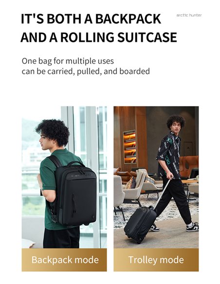 ARCTIC HUNTER τσάντα ταξιδίου LG00657-1 με θήκη laptop 15.6", τροχήλατη, 27L, μαύρη