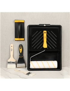 DELI σετ βαφής DL528006, ρολό/2x πινέλα/σπάτουλα/γυαλοχαρτιέρα/σκάφη, 6τμχ