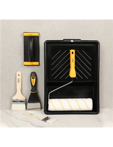 DELI σετ βαφής DL528006, ρολό/2x πινέλα/σπάτουλα/γυαλοχαρτιέρα/σκάφη, 6τμχ