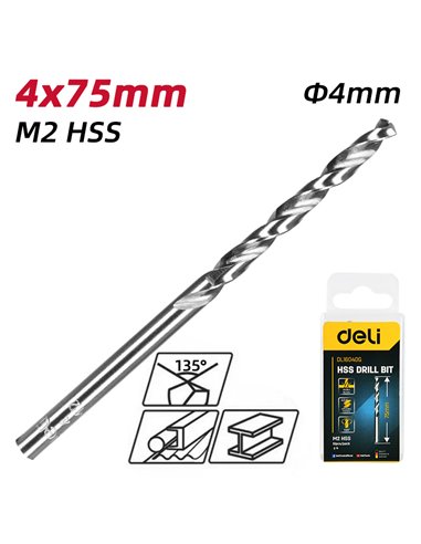 DELI σετ τρυπάνια DL16040G για μέταλλο, M2 HSS, 4x75mm, κυλινδρικό, 10τμχ