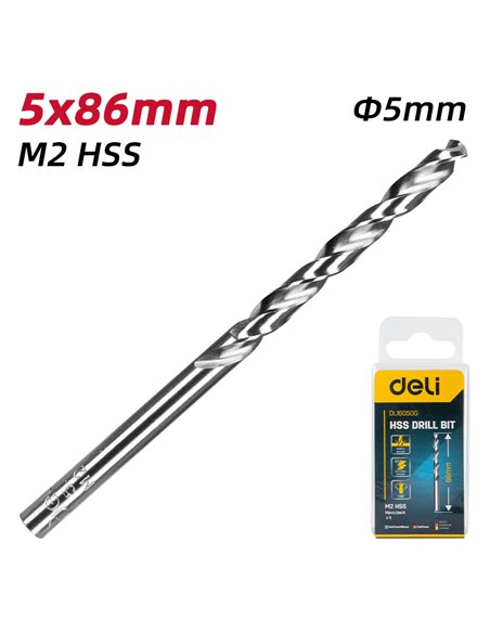 DELI σετ τρυπάνια DL16050G για μέταλλο, M2 HSS, 5x86mm, κυλινδρικό, 10τμχ